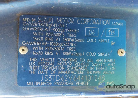 2004 Suzuki Grand Vitara Ex/Lx z USA, uszkodzony, nr VIN JS3TD62V644101248